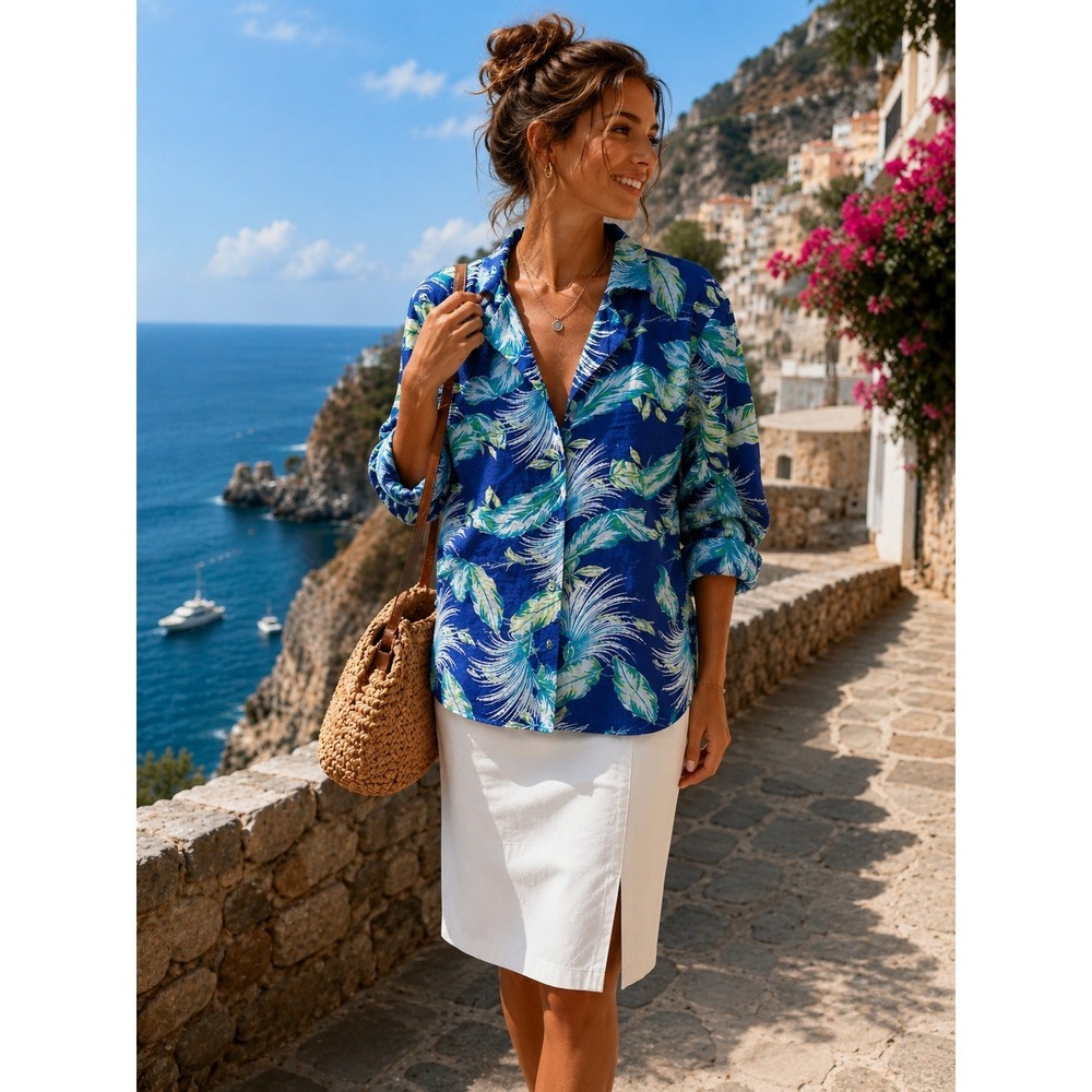 VTG Jaclyn Smith Tropical Leaf Linen Blend Blouse Sz XL Resortwear 3/4 Sleeve‎